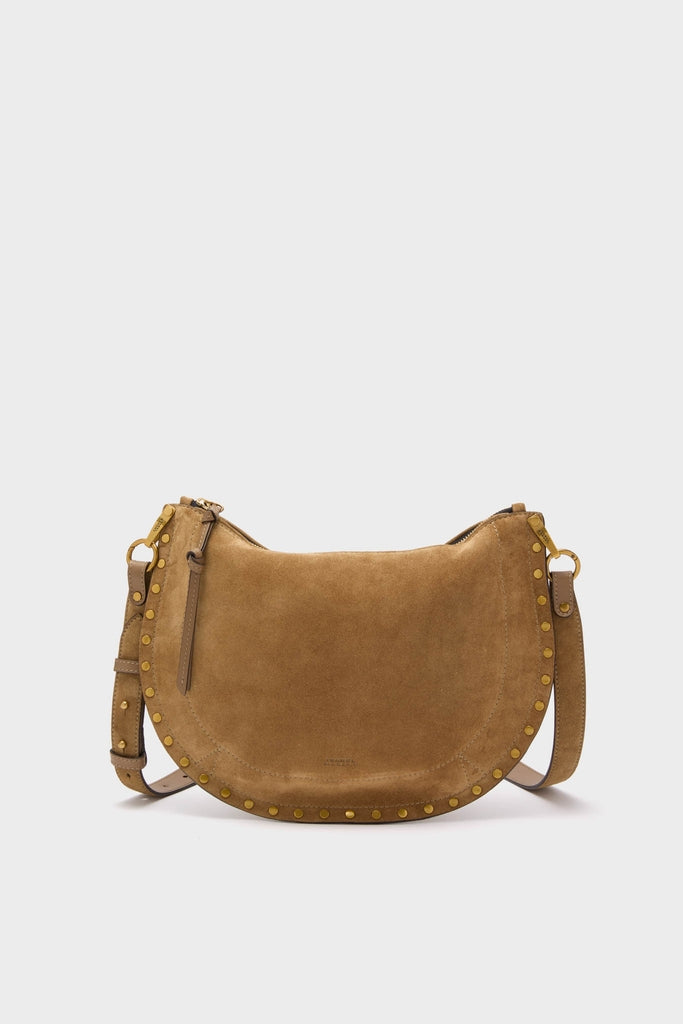 Taupe Oskan Soft Zip Shoulder Strap: A classic half-moon cross-body bag in brown suede with an effortless, high-end design, featuring decorative studs and adjustable strap.