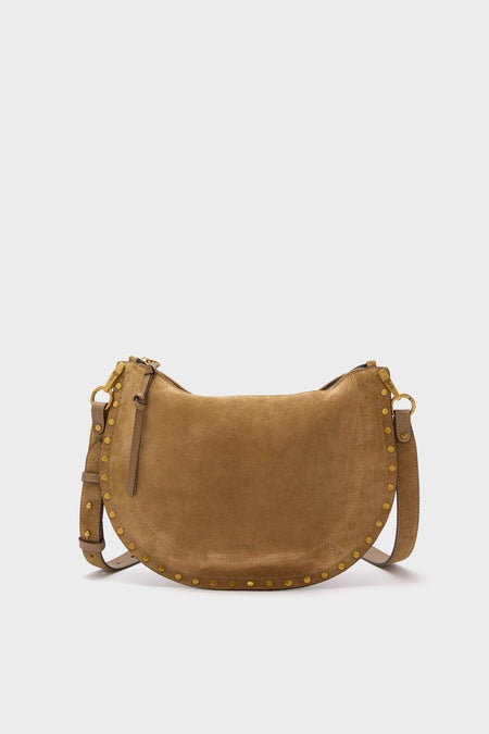 Taupe Oskan Soft Zip Shoulder Strap: A classic half-moon cross-body bag in brown suede with an effortless, high-end design, featuring decorative studs and adjustable strap.