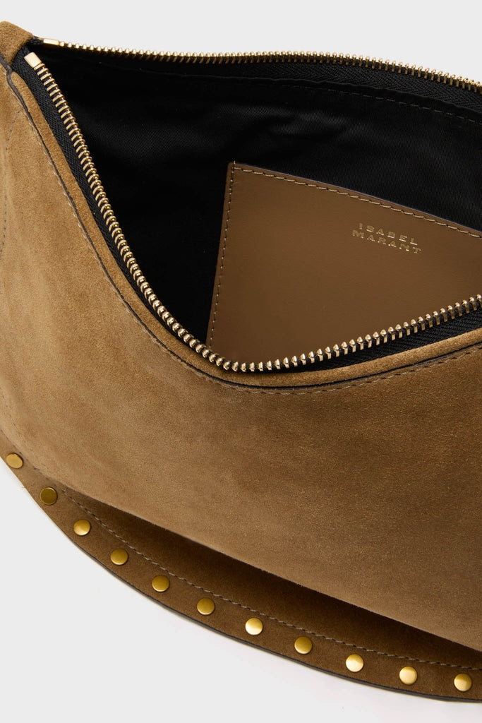 Taupe Oskan Soft Zip Shoulder Strap, a classic tan suede belt-bag with gold-tone studs and zipper, featuring an effortless, high-end design by Isabel Marant.
