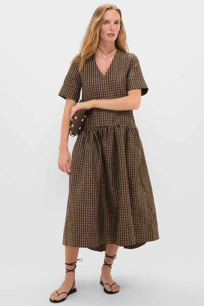 Tobacco Brown Crinkled Taffeta Check Long Dress | GANNI