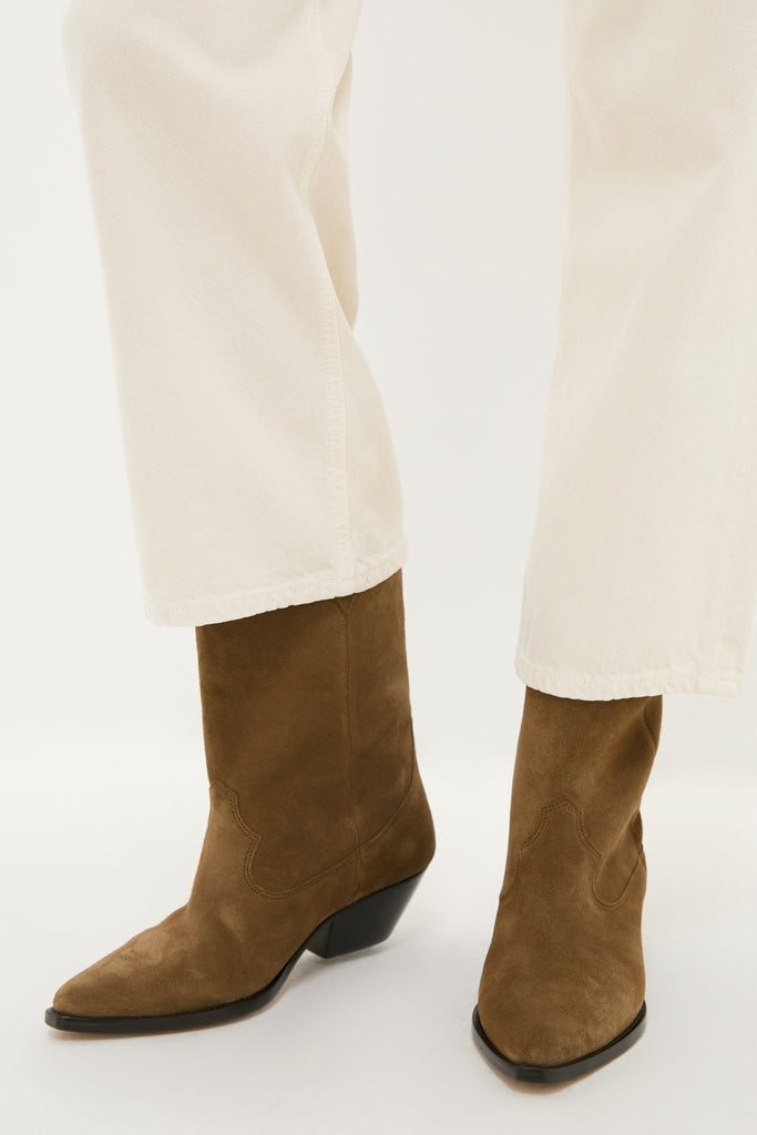 Dark Olive Duerto Boot: classic western-style, mid-calf brown suede boots with pointed toe and low heel; effortlessly blend high-end style with fun, modern touches.