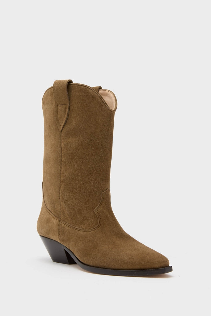 Dark Olive Duerto Boot in brown suede, featuring a classic Western style with a pointed toe, effortless pull-on tabs, and a fun, high-end mid-calf design.