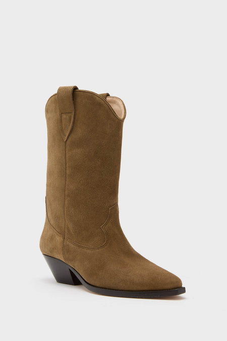 Dark Olive Duerto Boot in brown suede, featuring a classic Western style with a pointed toe, effortless pull-on tabs, and a fun, high-end mid-calf design.