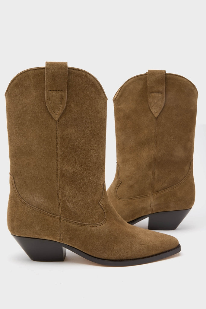 Classic Dark Olive Duerto Boot: Mid-calf suede cowboy boots with pointed toe, effortless pull-on style, and fun Western-inspired stitching for a high-end, versatile look.