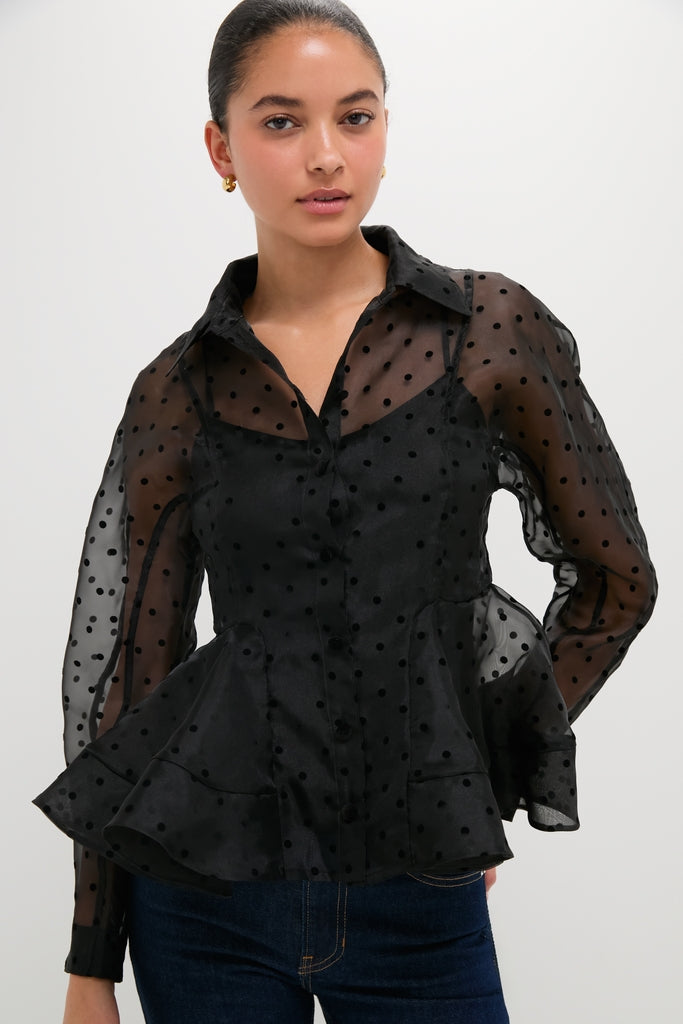 Black Flocked Organza Peplum Shirt
