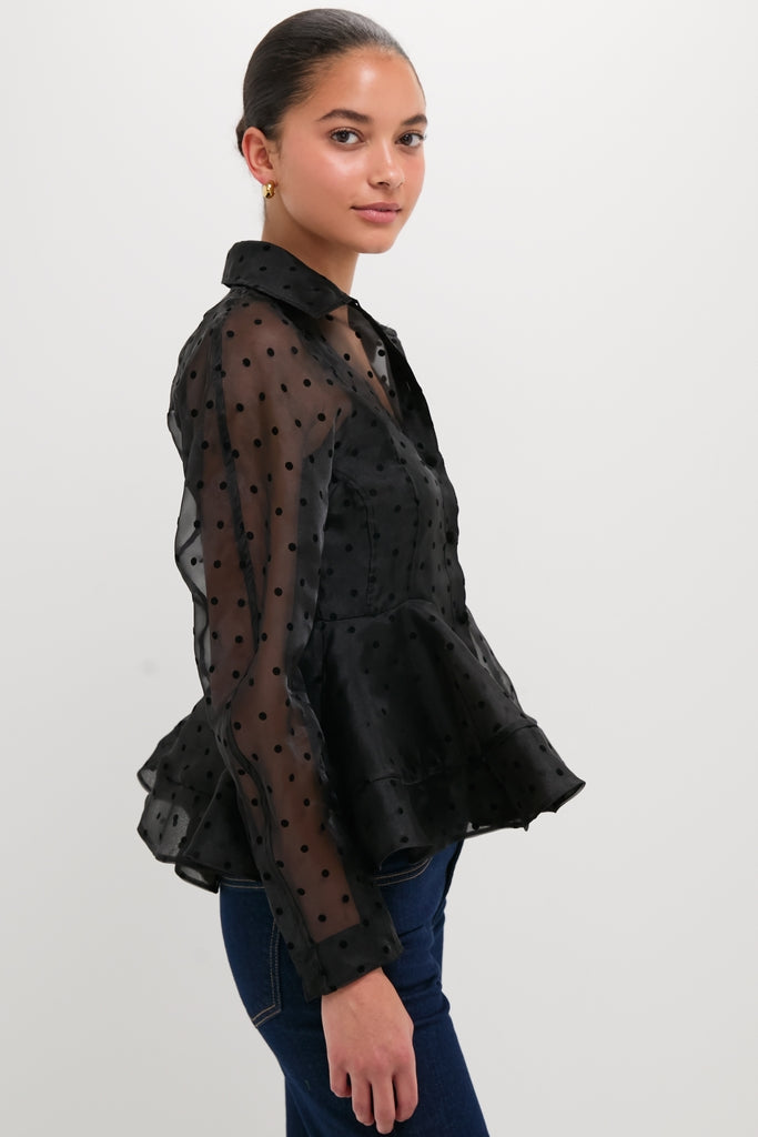 Black Flocked Organza Peplum Shirt