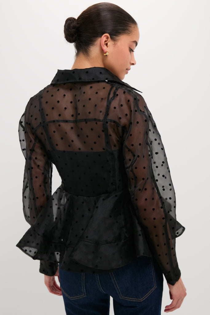 Black Flocked Organza Peplum Shirt