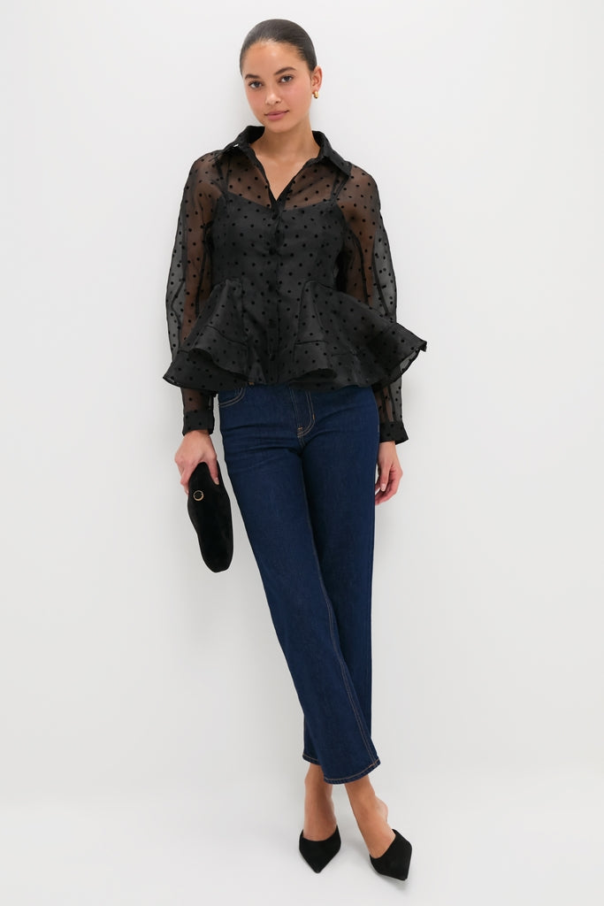 Black Flocked Organza Peplum Shirt