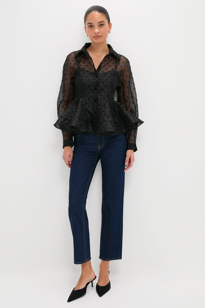 Black Flocked Organza Peplum Shirt