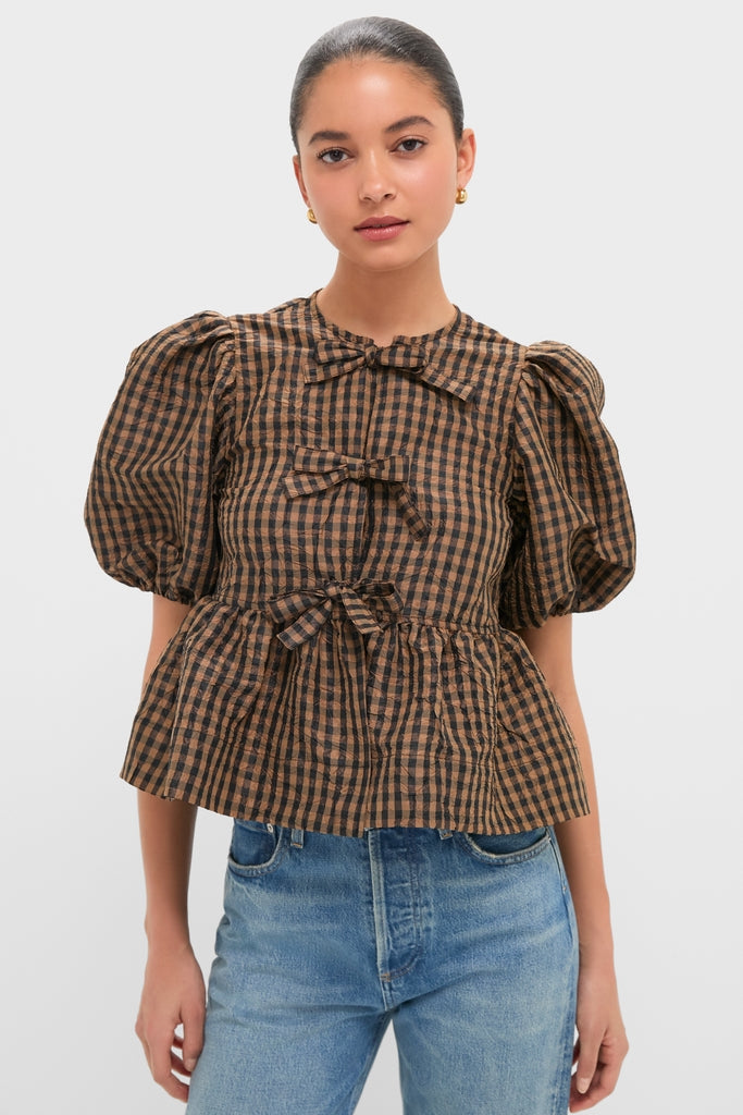 Tobacco Brown Crinkled Taffeta Check Peplum Blouse | GANNI