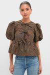 Tobacco Brown Crinkled Taffeta Check Peplum Blouse