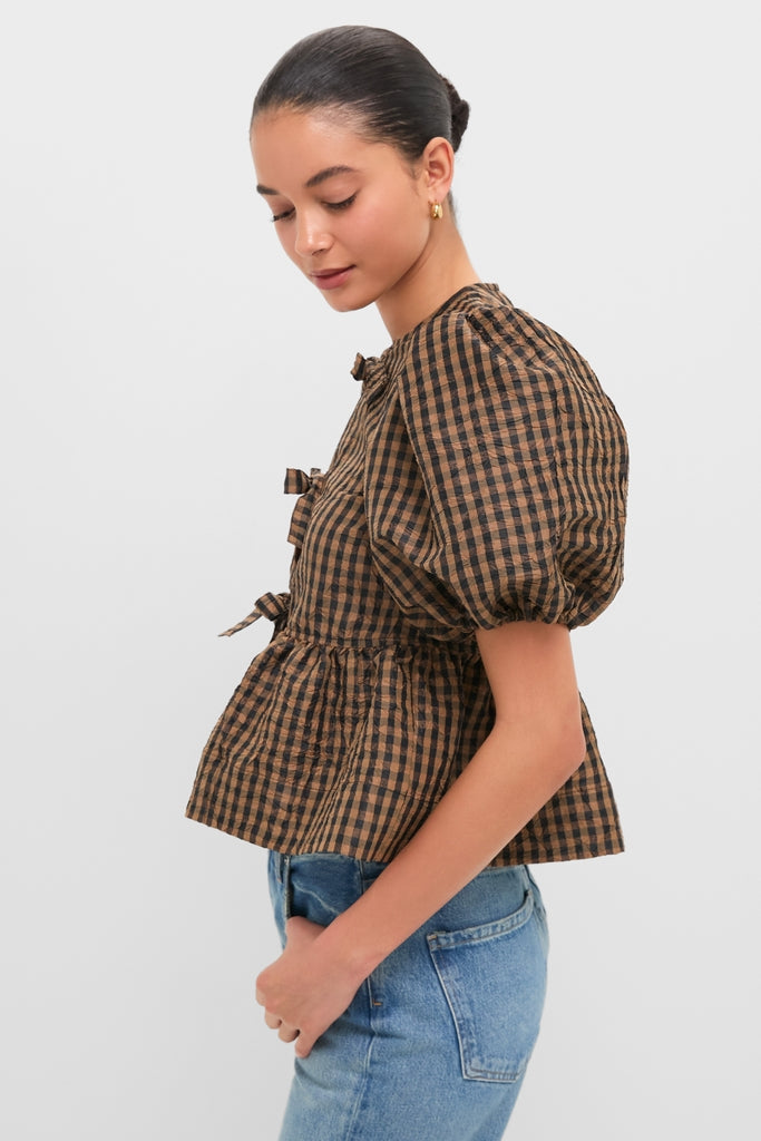 Tobacco Brown Crinkled Taffeta Check Peplum Blouse