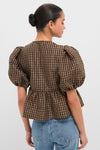 Tobacco Brown Crinkled Taffeta Check Peplum Blouse