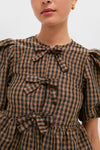 Tobacco Brown Crinkled Taffeta Check Peplum Blouse