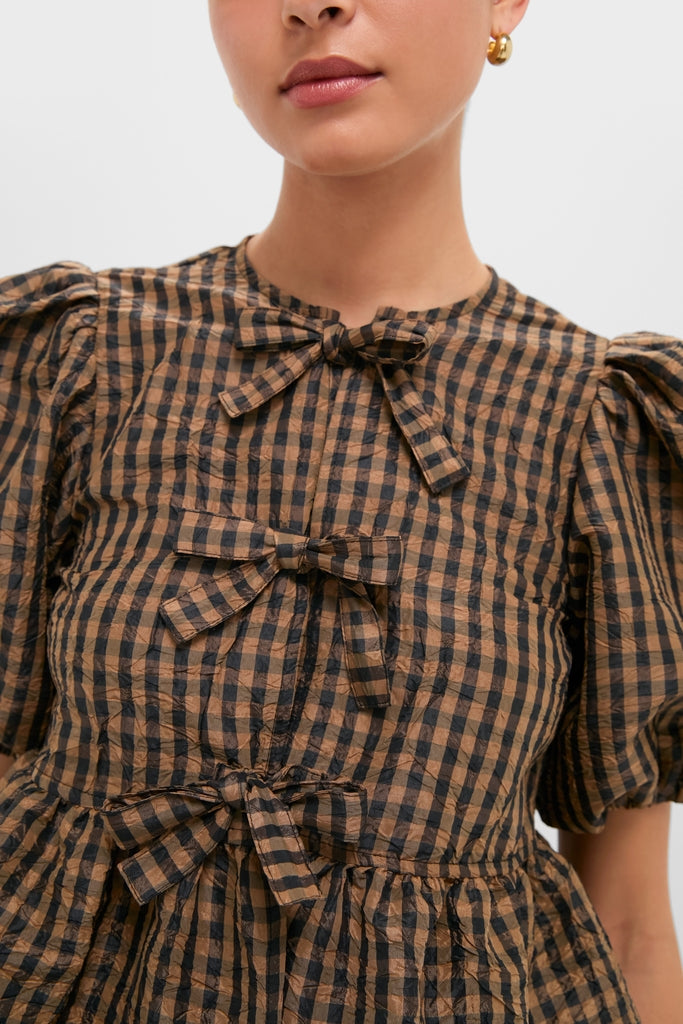 Tobacco Brown Crinkled Taffeta Check Peplum Blouse