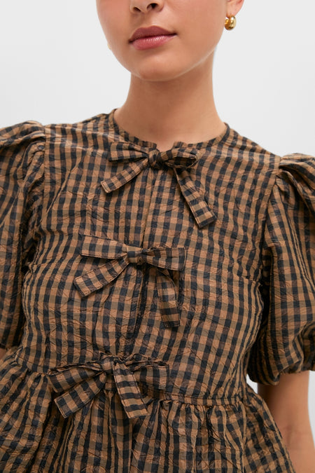 Tobacco Brown Crinkled Taffeta Check Peplum Blouse