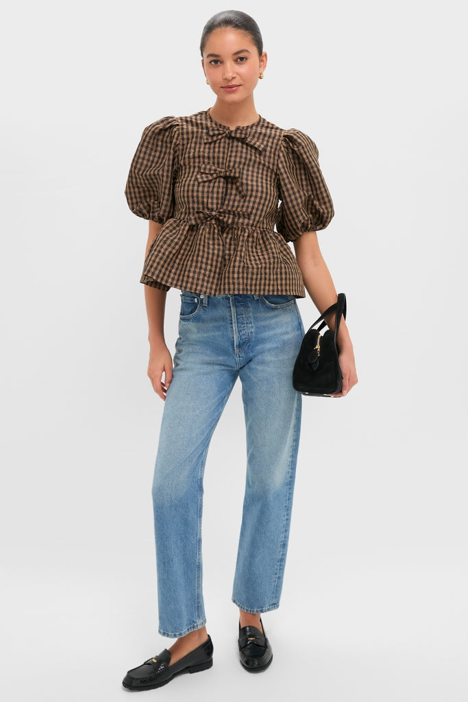 Tobacco Brown Crinkled Taffeta Check Peplum Blouse | GANNI