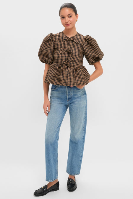 Tobacco Brown Crinkled Taffeta Check Peplum Blouse
