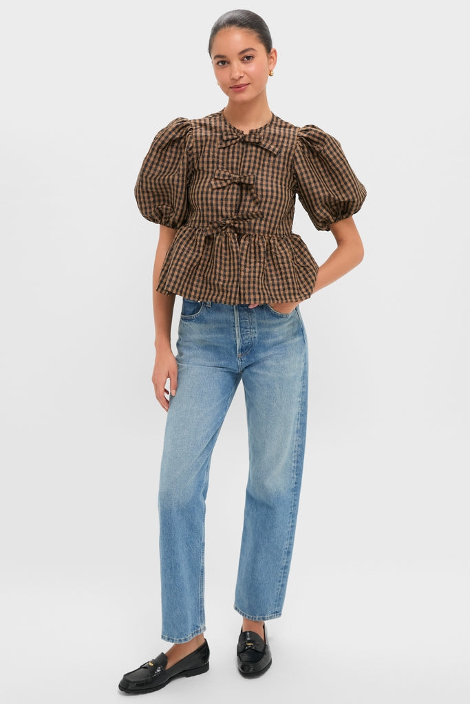 Tobacco Brown Crinkled Taffeta Check Peplum Blouse