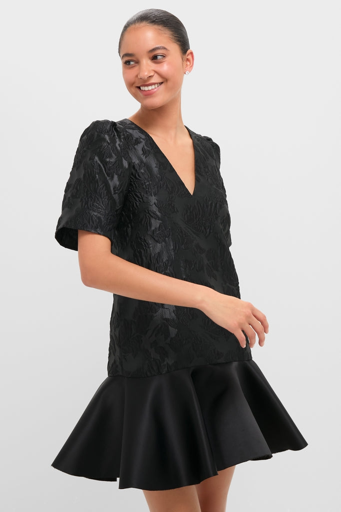 Black Satin Cloque Mini V-Neck Dress | GANNI