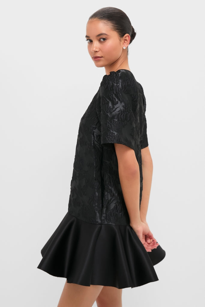 Black Satin Cloque Mini V-Neck Dress