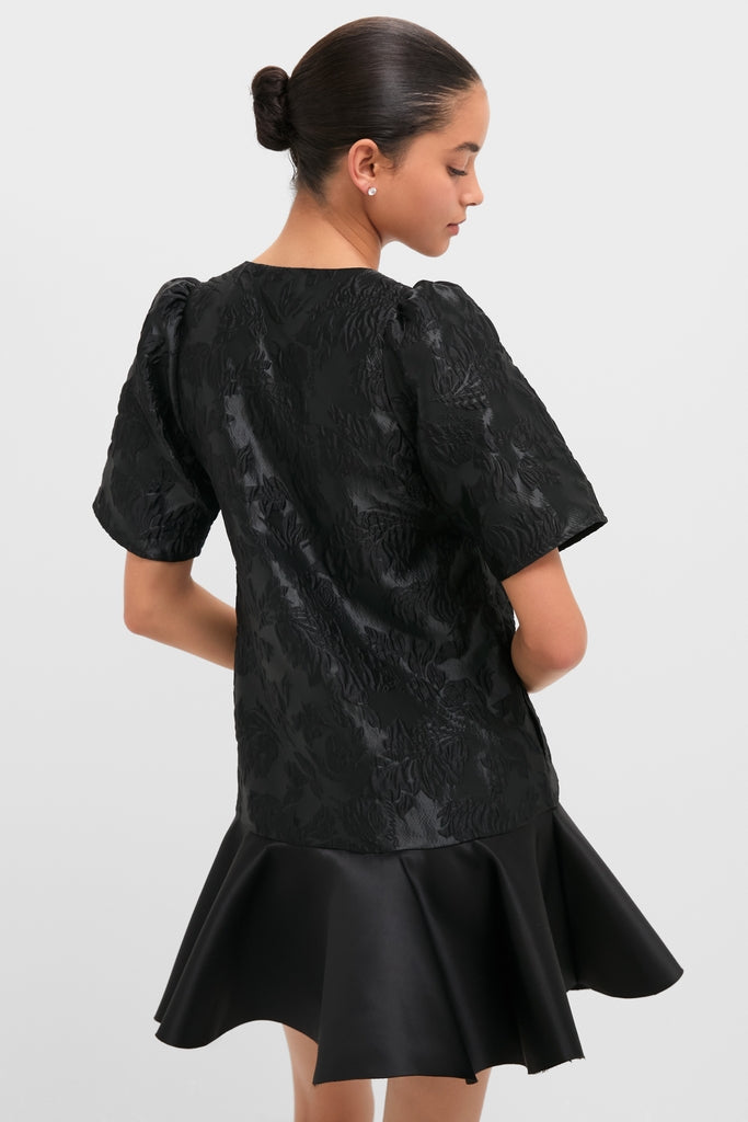 Black Satin Cloque Mini V-Neck Dress