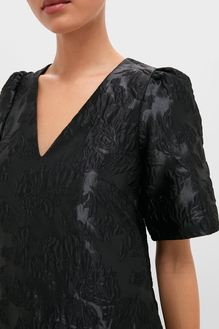 Black Satin Cloque Mini V-Neck Dress