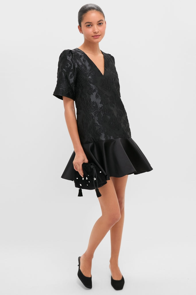 Black Satin Cloque Mini V-Neck Dress