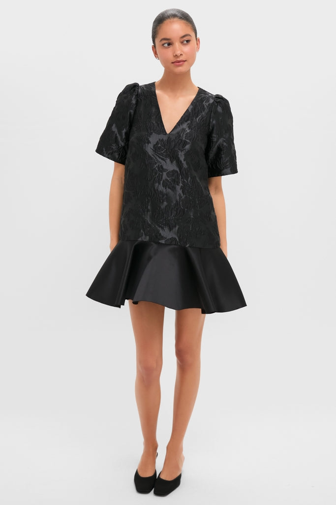 Black Satin Cloque Mini V-Neck Dress