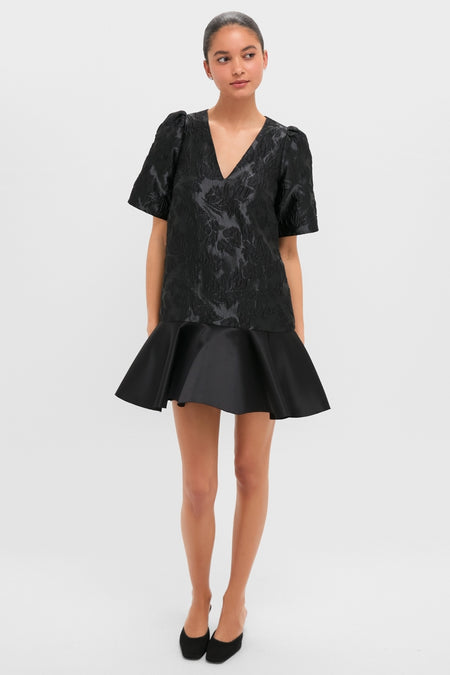 Black Satin Cloque Mini V-Neck Dress