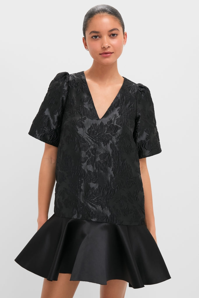 Black Satin Cloque Mini V-Neck Dress