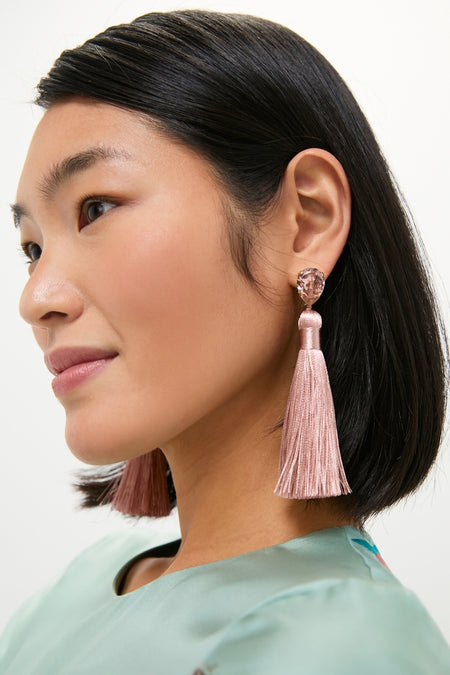 Side profile featuring the Vintage Rose Francine Earrings: a classic teardrop stone with a long, silky tassel, embodying effortless, high-end style.