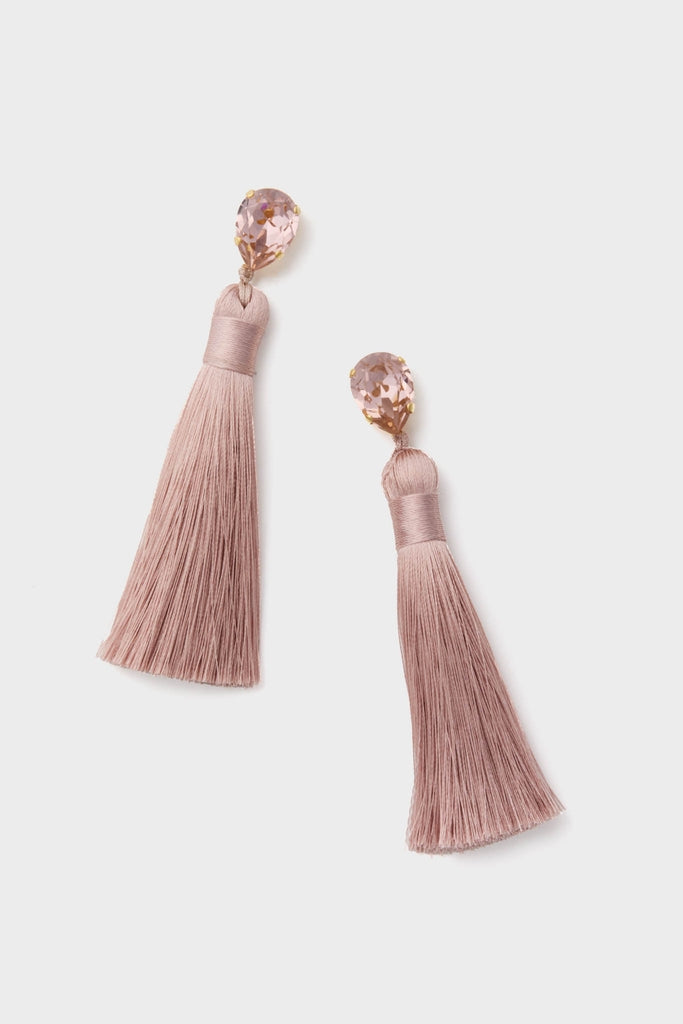 Vintage Rose Francine Earrings: Classic and effortless drop earrings featuring faceted teardrop pink crystals with elegant tassels, embodying a fun, high-end style.