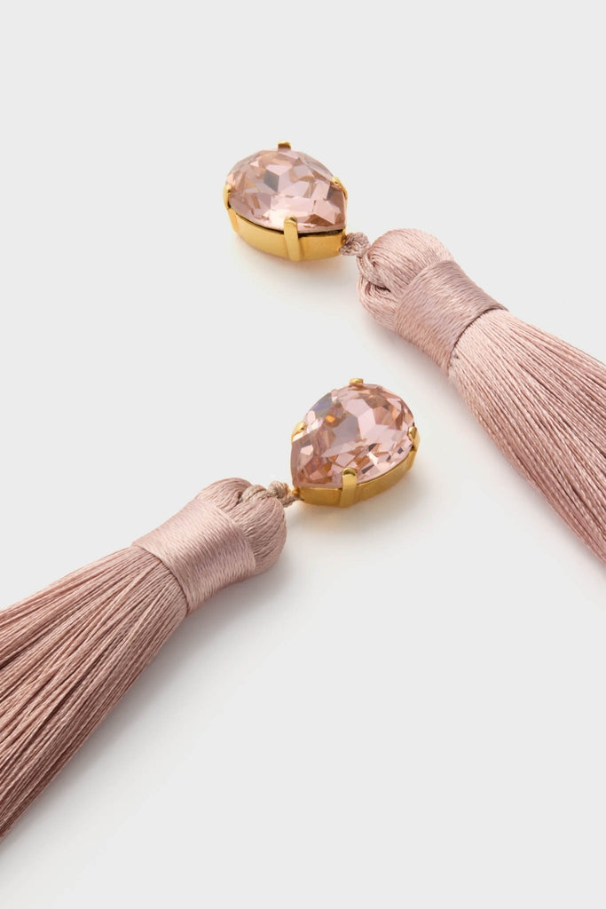 Vintage Rose Francine Earrings: Classic drop-style with teardrop faceted stones in gold-tone bezels and dusty-pink tassels, embodying effortless, fun, and high-end elegance.