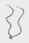 Labradorite Sidonie Necklace: A classic, high-end piece featuring faceted grey-blue labradorite beads and a smokey-grey stone in a gold-tone setting, offering effortless elegance and fun style.