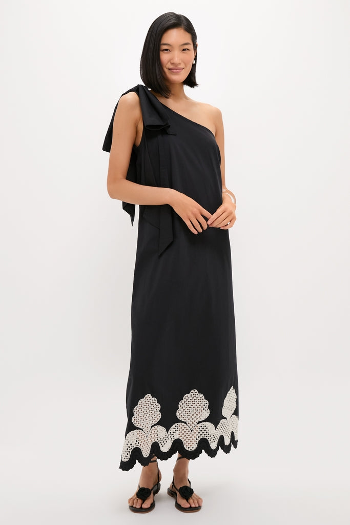 Tuckernuck Black One Shoulder Embroidered Glinda Dress Black / XXS
