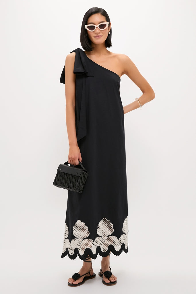 Black One Shoulder Embroidered Glinda Dress