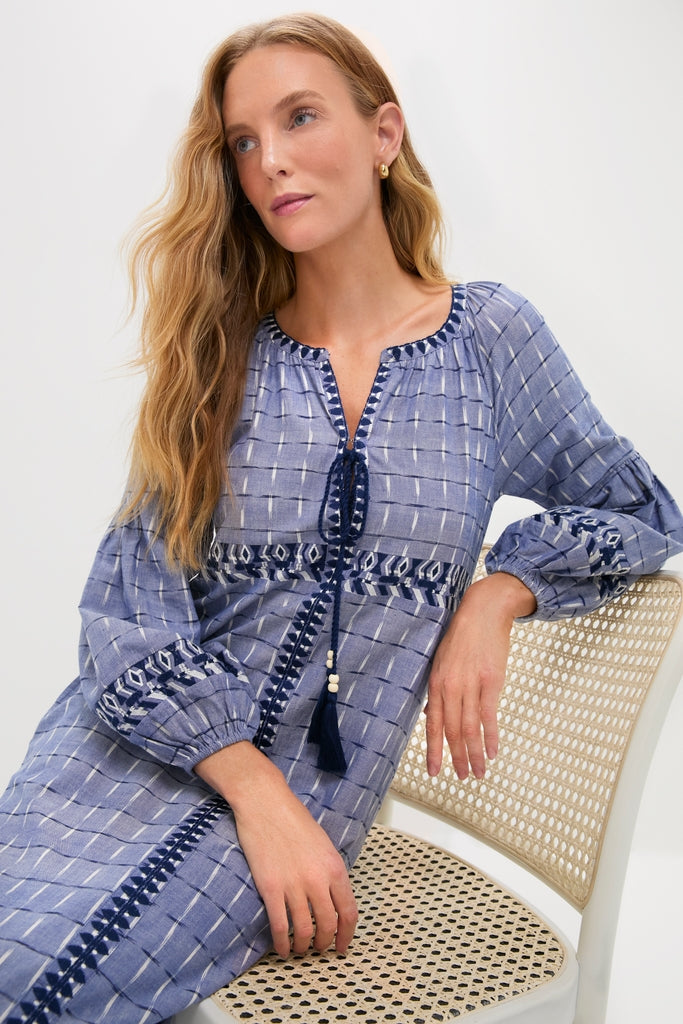 Azure Ikat Embroidered Wynne Dress