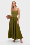 Model in a classic, effortless Green Empowerment Movement Ankle Skirt as a strapless dress, accessorized with fun, high-end brown sandals and a shell clutch.