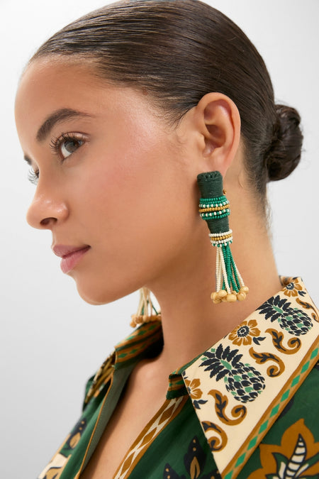 Light Green and Ecru Mosaic Dreams Earrings feature classic, effortless tassel design with playful, intricate beadwork, embodying high-end, fun style.
