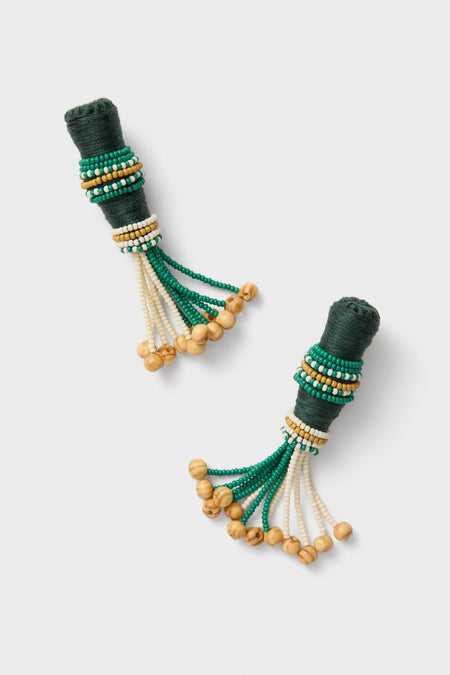 Light Green and Ecru Mosaic Dreams Earrings, classic tassel dangles with intricate beading, offer effortless, fun style in a high-end design with playful movement.