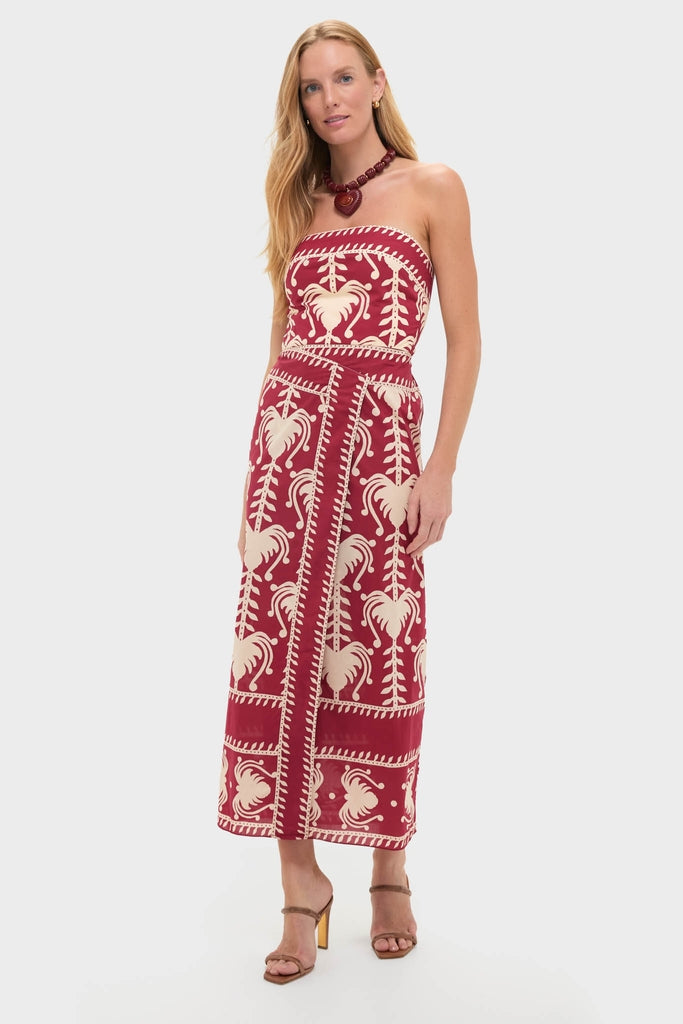 Woman in Dark Cherry and Ecru Ancient Peru Ankle Dress, accessorized with chunky necklace and sandals, embodies classic, effortless style; perfect for high-end, fun occasions.