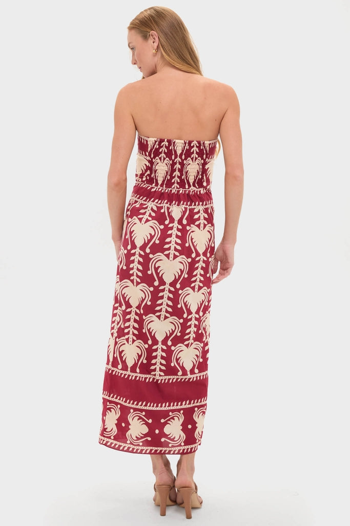 Woman in a classic Dark Cherry and Ecru Ancient Peru Ankle Dress with a smocked bodice, showcasing an effortless, high-end floral print from Tuckernuck.