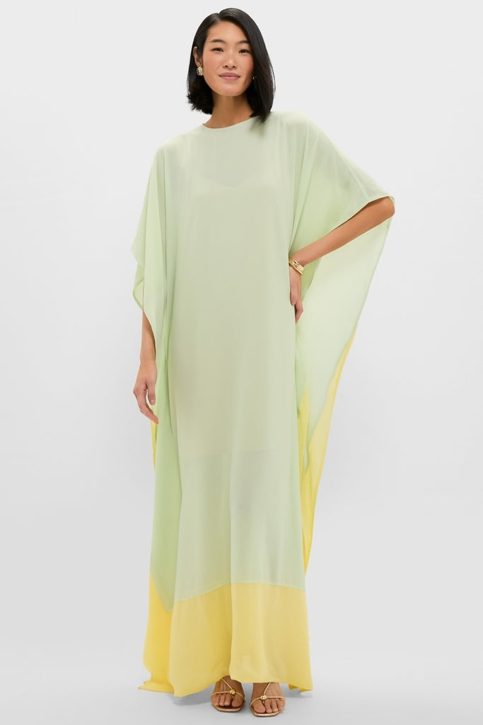 Mint Chiffon Caftan Gown: a classic, effortless evening dress with a flowy silhouette, gold accessories, and strappy sandals, embodying a high-end, fun style.