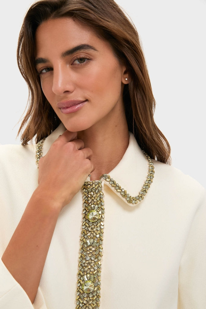 Model wearing Winter White Embellished Nicola Maxi Dress, showcasing a classic, high-end look with an embellished collar and placket, exuding effortless elegance and fun sophistication.