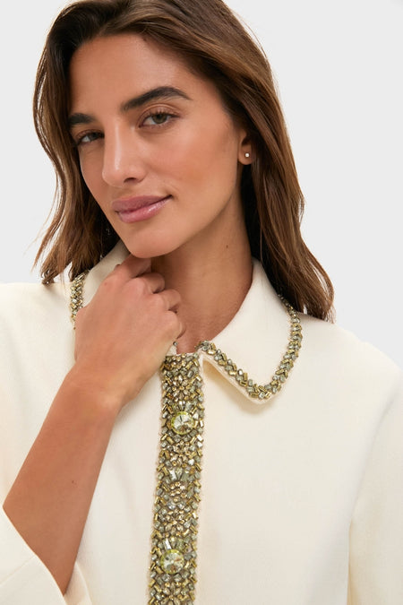 Model wearing Winter White Embellished Nicola Maxi Dress, showcasing a classic, high-end look with an embellished collar and placket, exuding effortless elegance and fun sophistication.