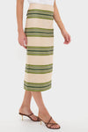 Satin Stripe Ellington Skirt: A high-waisted, midi-length classic pencil skirt with olive-green stripes, paired with strappy sandals for an effortless, high-end look.