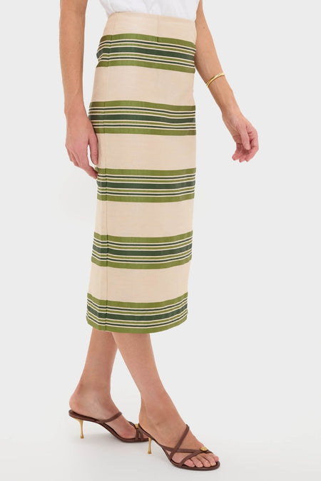 Satin Stripe Ellington Skirt: A high-waisted, midi-length classic pencil skirt with olive-green stripes, paired with strappy sandals for an effortless, high-end look.