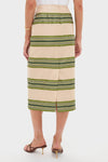 Satin Stripe Ellington Skirt in light beige with olive stripes, classic pencil style, features a back vent. Paired with brown heels and white top, exuding effortless, high-end elegance.
