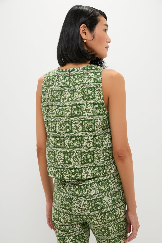 Model wearing the Cowrie Block Print Keating Top, a classic two-piece set with a sleeveless top and straight-leg trousers, featuring an effortless botanical motif.